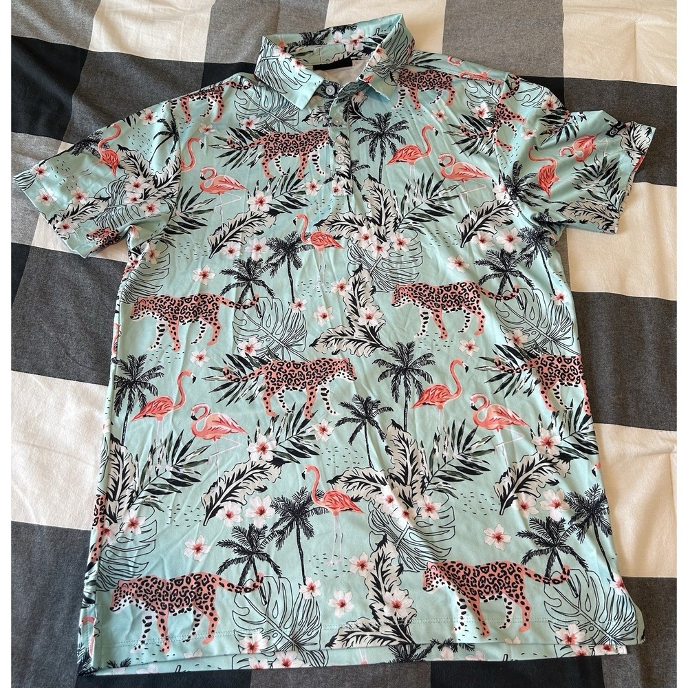Greenside Golf Men's Medium African Oasis Cheetah Tropical Polo Shirt